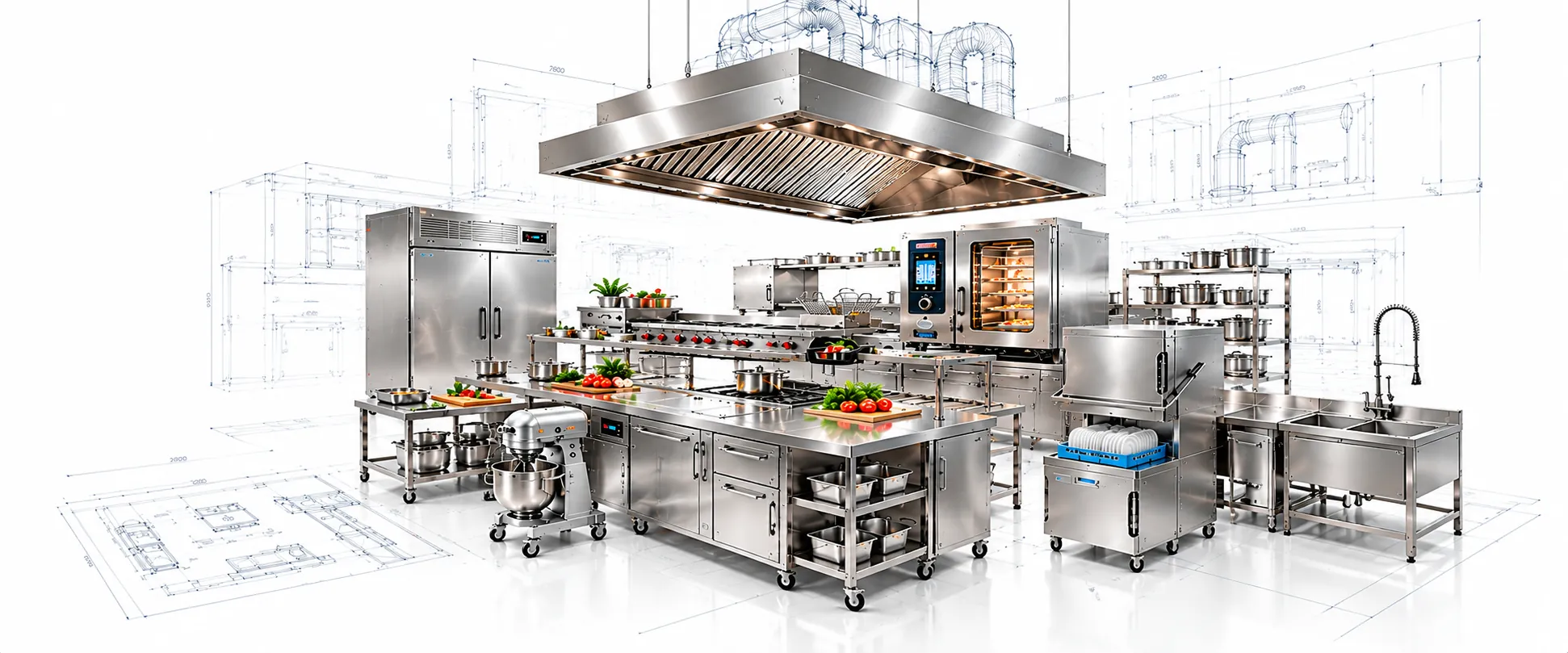 Commercial kitchen layout with extraction hood, combi oven, preparation island, refrigeration, storage and dishwashing stations